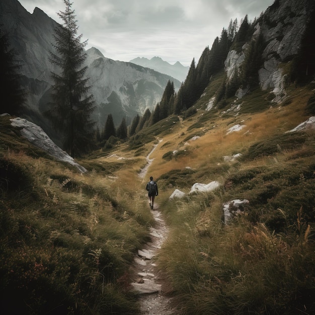 A man walks down a path in the mountains.