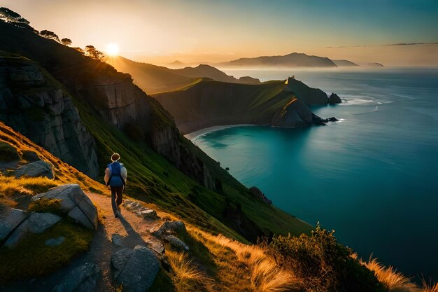 A man walks down a path with a sunset in the background.