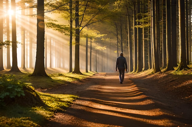 Photo a man walks down a path in the woods with the sun shining through the trees.