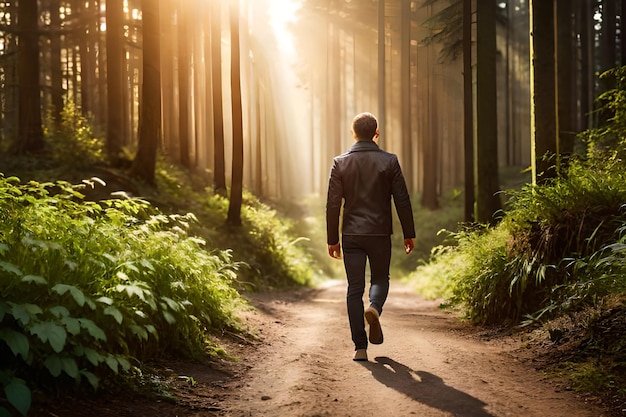 A man walks down a path in the woods with the sun shining through the trees.