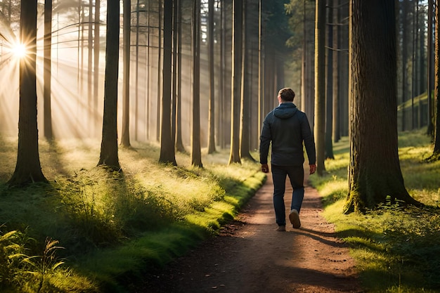 A man walks down a path in the woods with the sun shining through the trees.