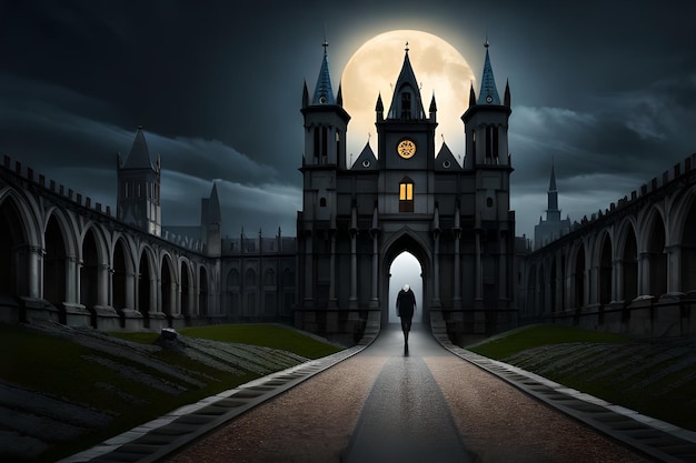 A man walks down a road in front of a castle with a moon in the background.