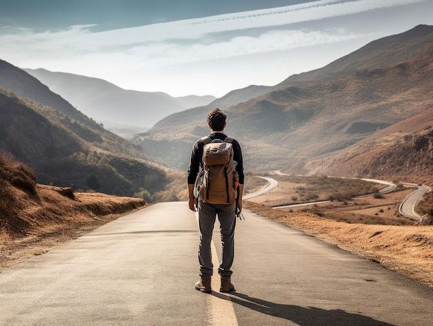 a man walks down a road with a backpack on his back