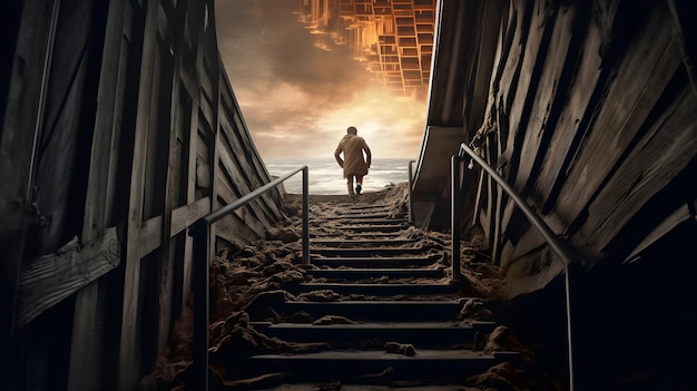 A man walks down a set of stairs with a sky behind him