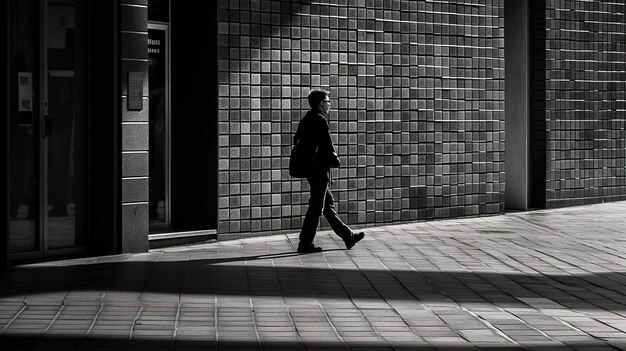 A man walks down a sidewalk in front of a brick wall