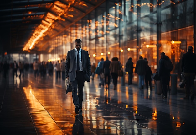 a man walks down a sidewalk in a suit and tie.