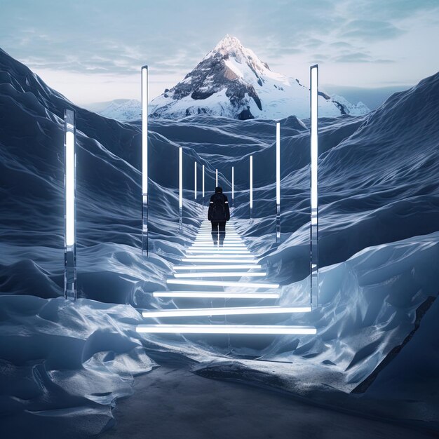 Photo a man walks down a snowy path with a mountain in the background