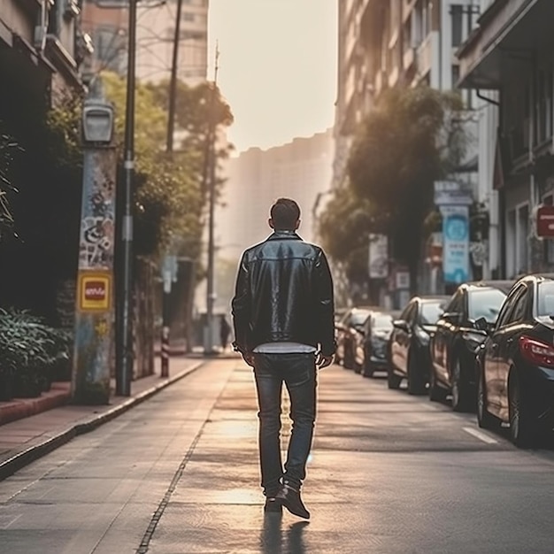 a man walks down a street in the city
