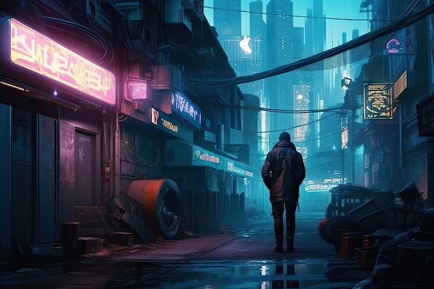 A man walks down a street in a cyberpunk city.