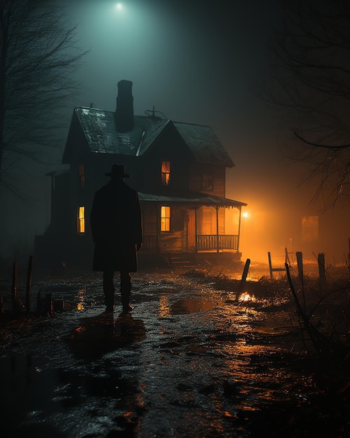 A man walks down a street in the dark with a light on.