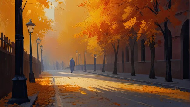 a man walks down a street in the fall