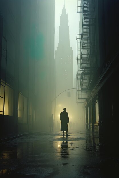 a man walks down a street in the fog