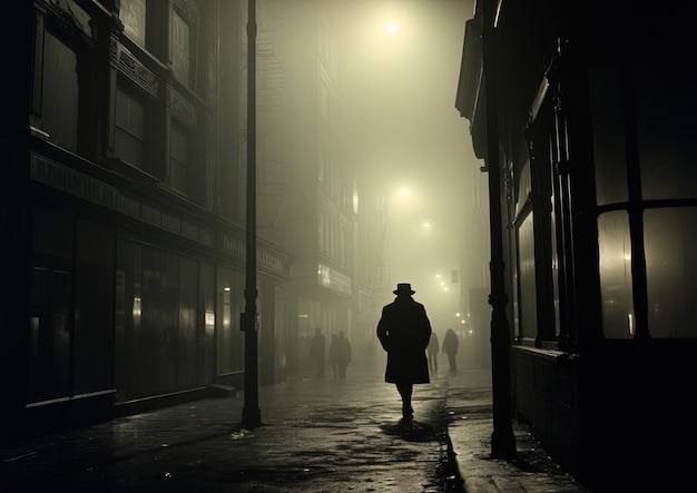 Photo a man walks down a street in the fog