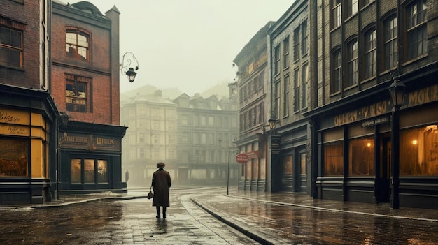 a man walks down a street in the fog.