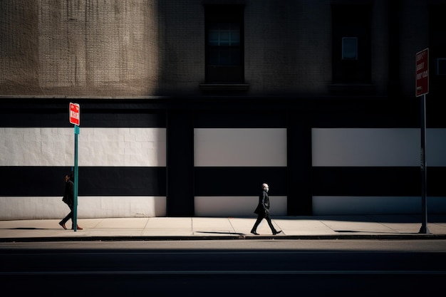 A man walks down a street in front of a building with a sign that says'no parking'on it.