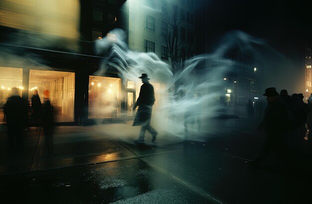 Photo a man walks down a street in front of a store