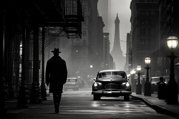 a man walks down a street in a hat and a car.