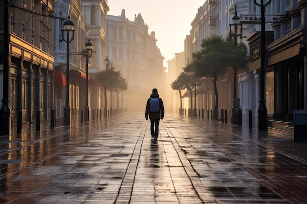 a man walks down a street in the morning.