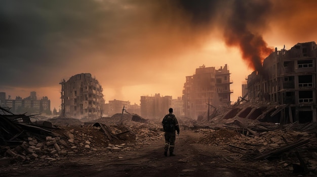 A man walks down a street in a ruined city.