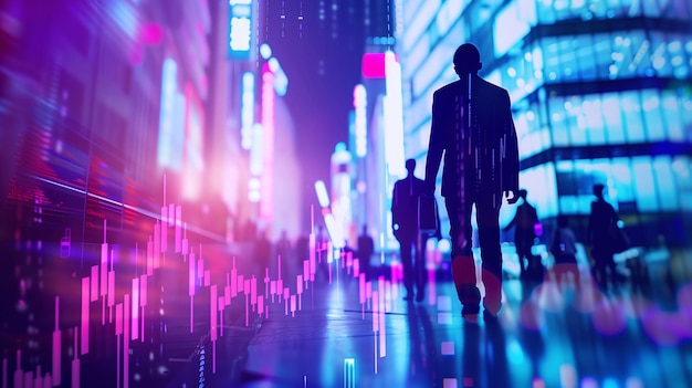 a man walks down a street with a blur of people in the background