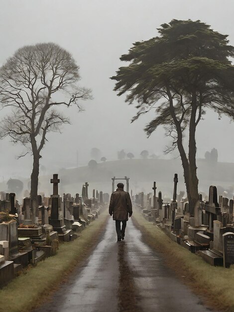 Foto un uomo cammina per la strada con un cimitero accanto a lui