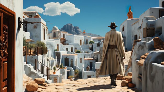 Photo a man walks down a street with a mountain in the background