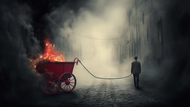 A man walks down a street with a red carriage that says'fire'on it