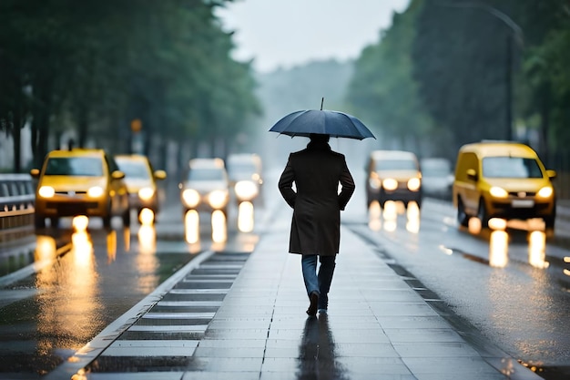 A man walks down the street with an umbrella in the rain