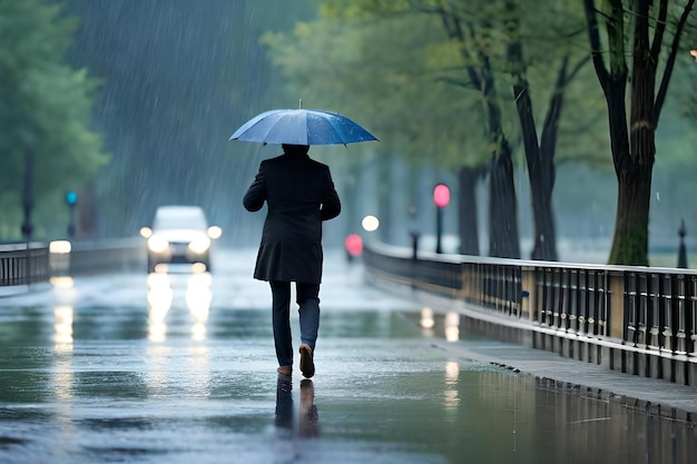 雨の中傘を持って通りを歩いている男性