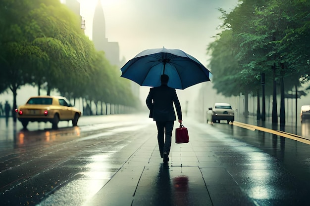 a man walks down the street with an umbrella in the rain.