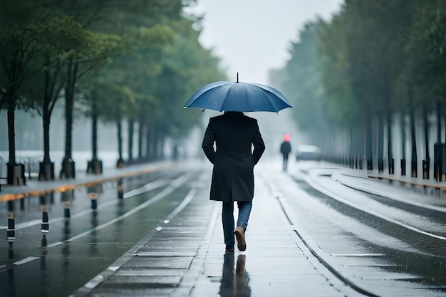 A man walks down the street with an umbrella