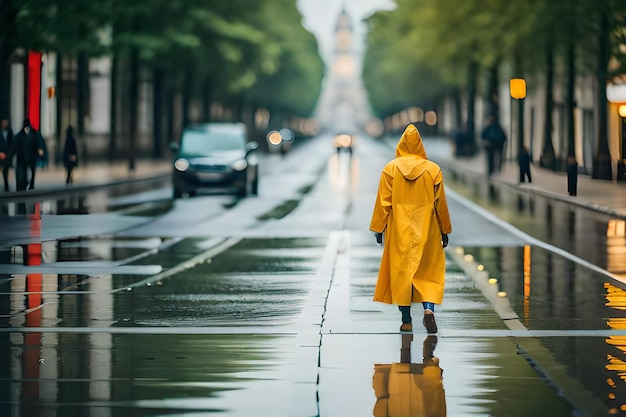 한 남자가 노란색 레인코트를 입고 거리를 고 있다.