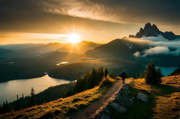 a man walks down a trail with the sun setting behind him.