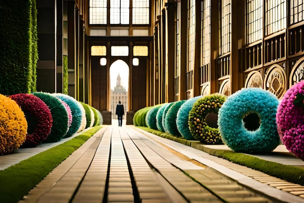 A man walks down a walkway in front of a building with a large flower wreath on it