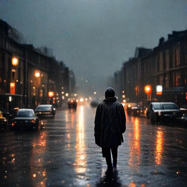 Foto un uomo cammina lungo una strada bagnata sotto la pioggia