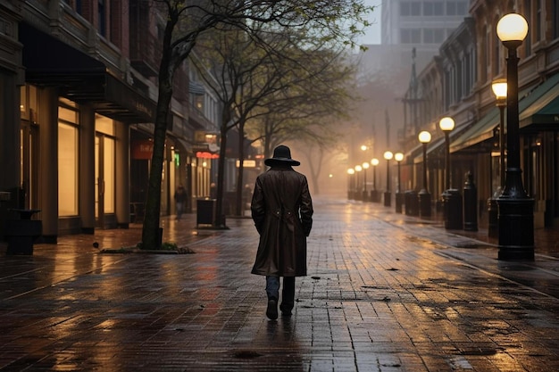 a man walks down a wet street in the rain.