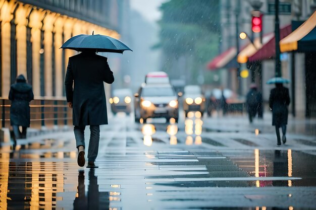 A man walks down a wet street with an umbrella.