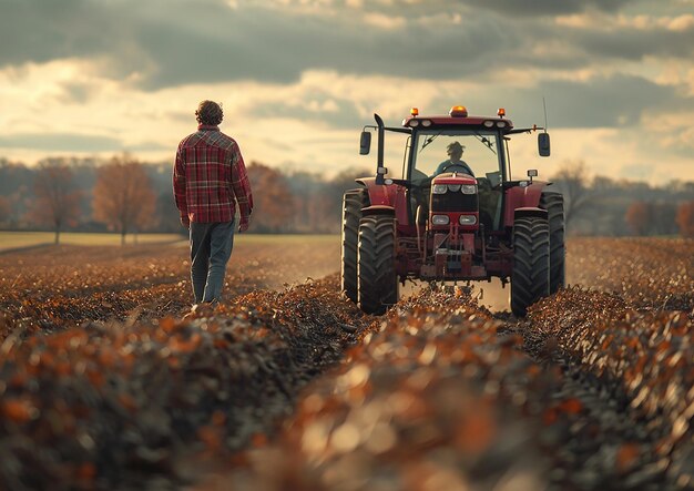 a man walks in a field with a tractor