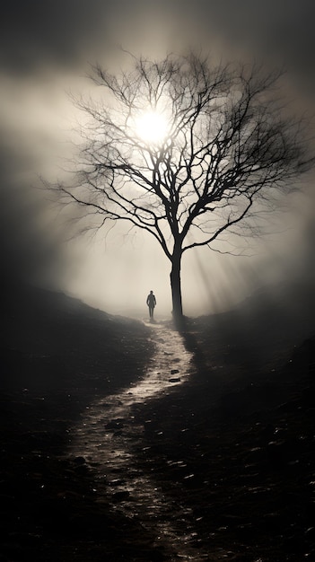 A man walks in the fog by person