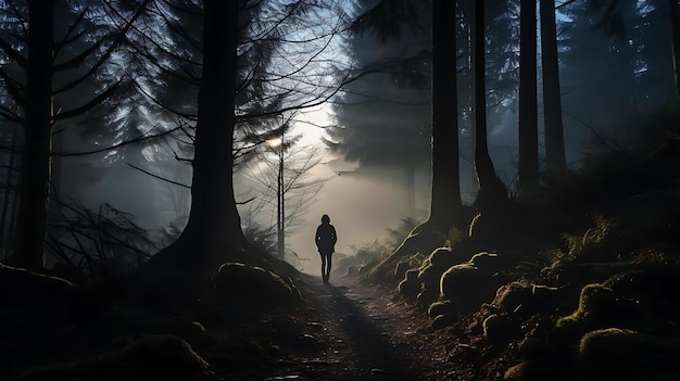 A man walks in a forest with the light coming through the trees