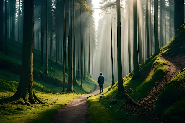 a man walks in a forest with the sun shining through the trees.