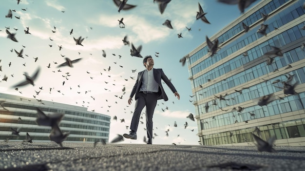 A man walks in front of a building with birds flying around him.