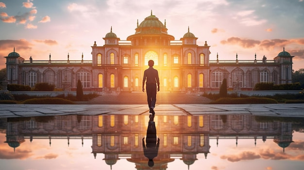 A man walks in front of a building with the sun setting behind him.