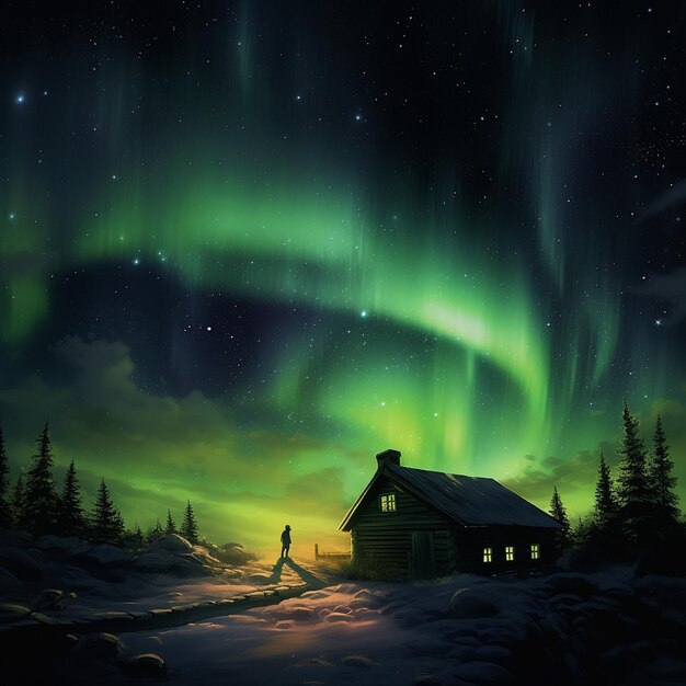 Premium AI Image | a man walks in front of a cabin with the aurora ...