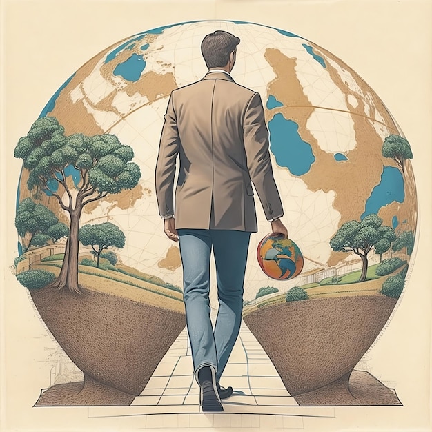 A man walks in front of a globe with trees and a man walking in the background tourism day