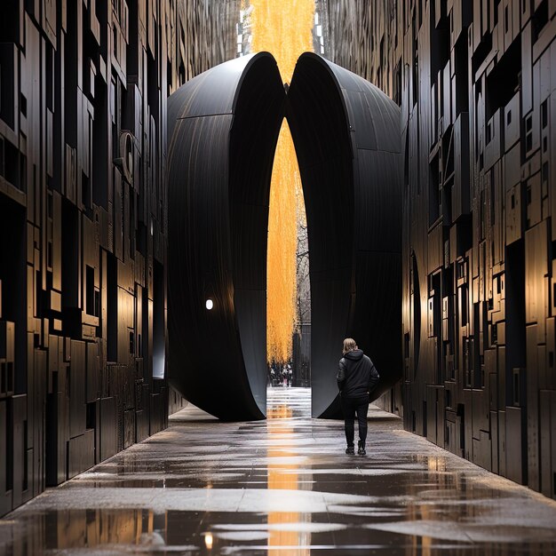 Photo a man walks in front of a large sculpture that says  the word  on it