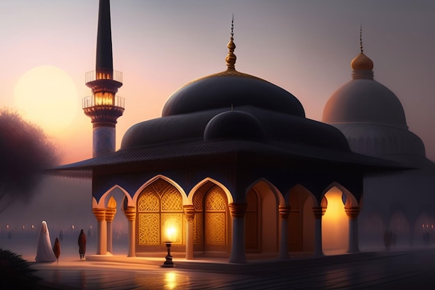 A man walks in front of a mosque at sunset.