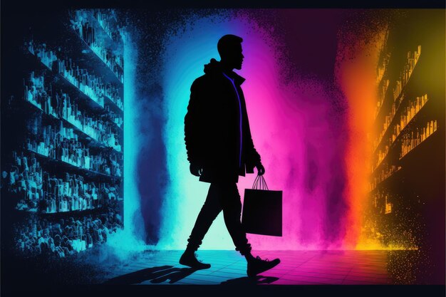 A man walks in front of a neon sign that says'the man is carrying a bag '