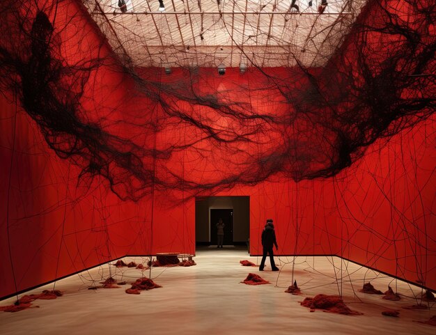 Photo a man walks in front of a red wall with a red curtain that says  the word  on it