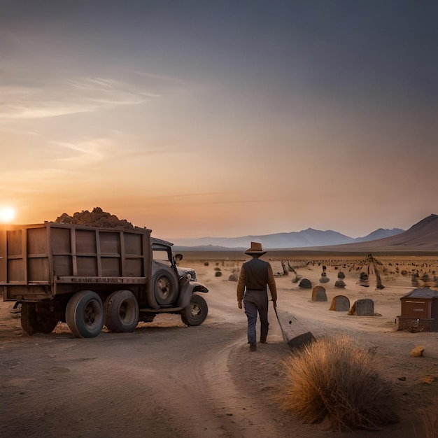 Photo a man walks in front of a truck in the desert